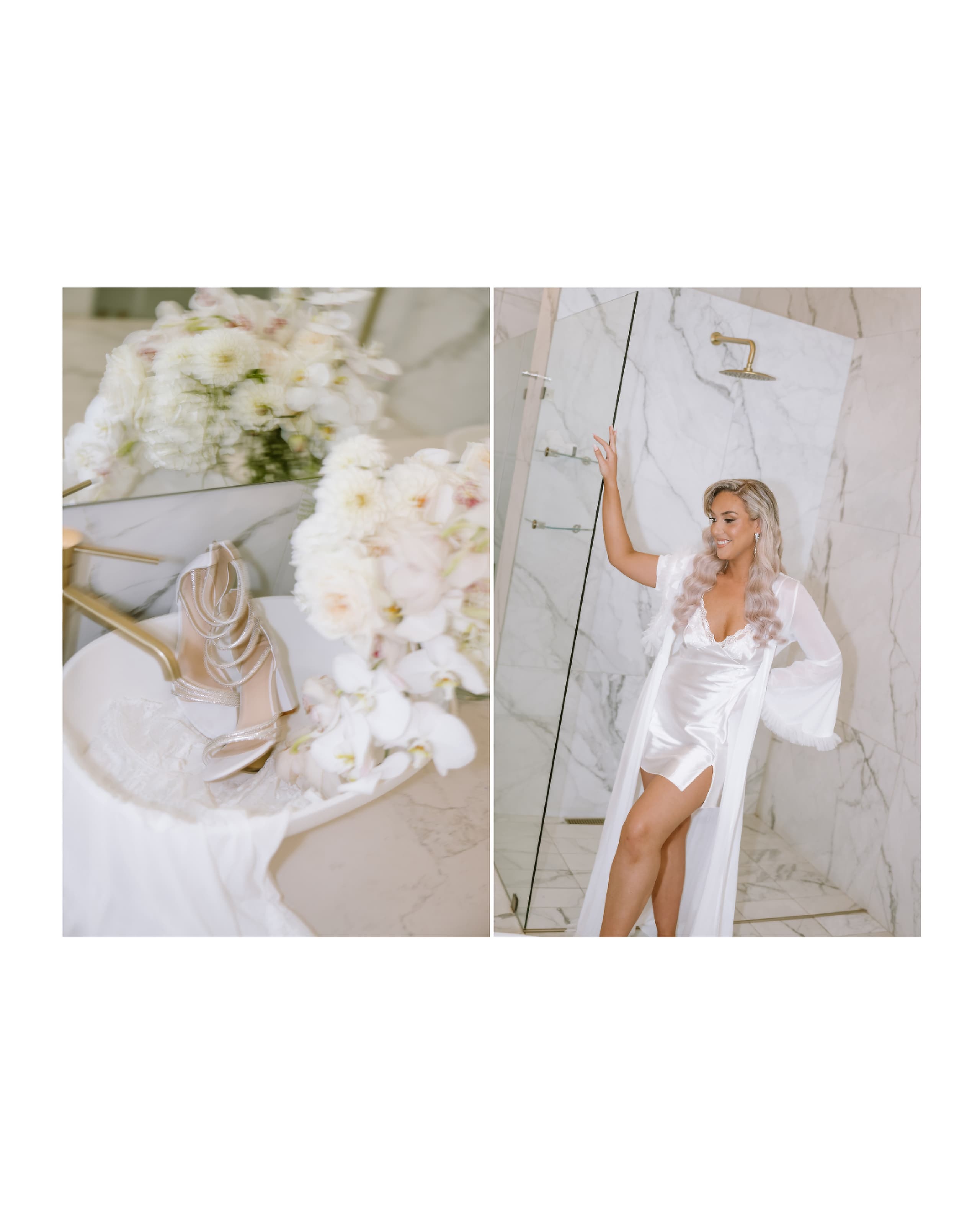 A bride in a white silk robe poses in a marble bathroom beside her wedding shoes