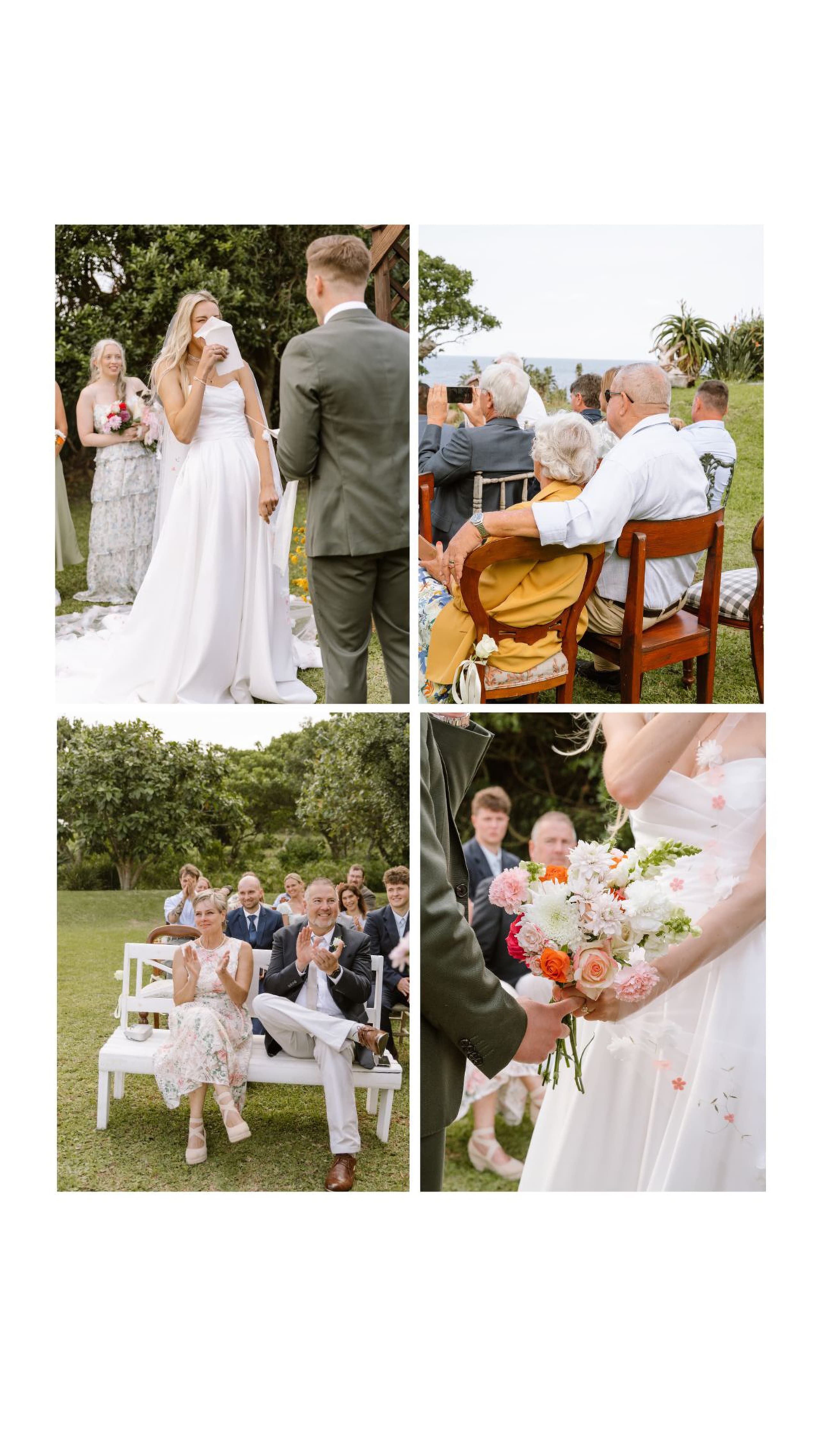 An emotional outdoor wedding ceremony featuring tearful vows and guests celebrating on a lush lawn