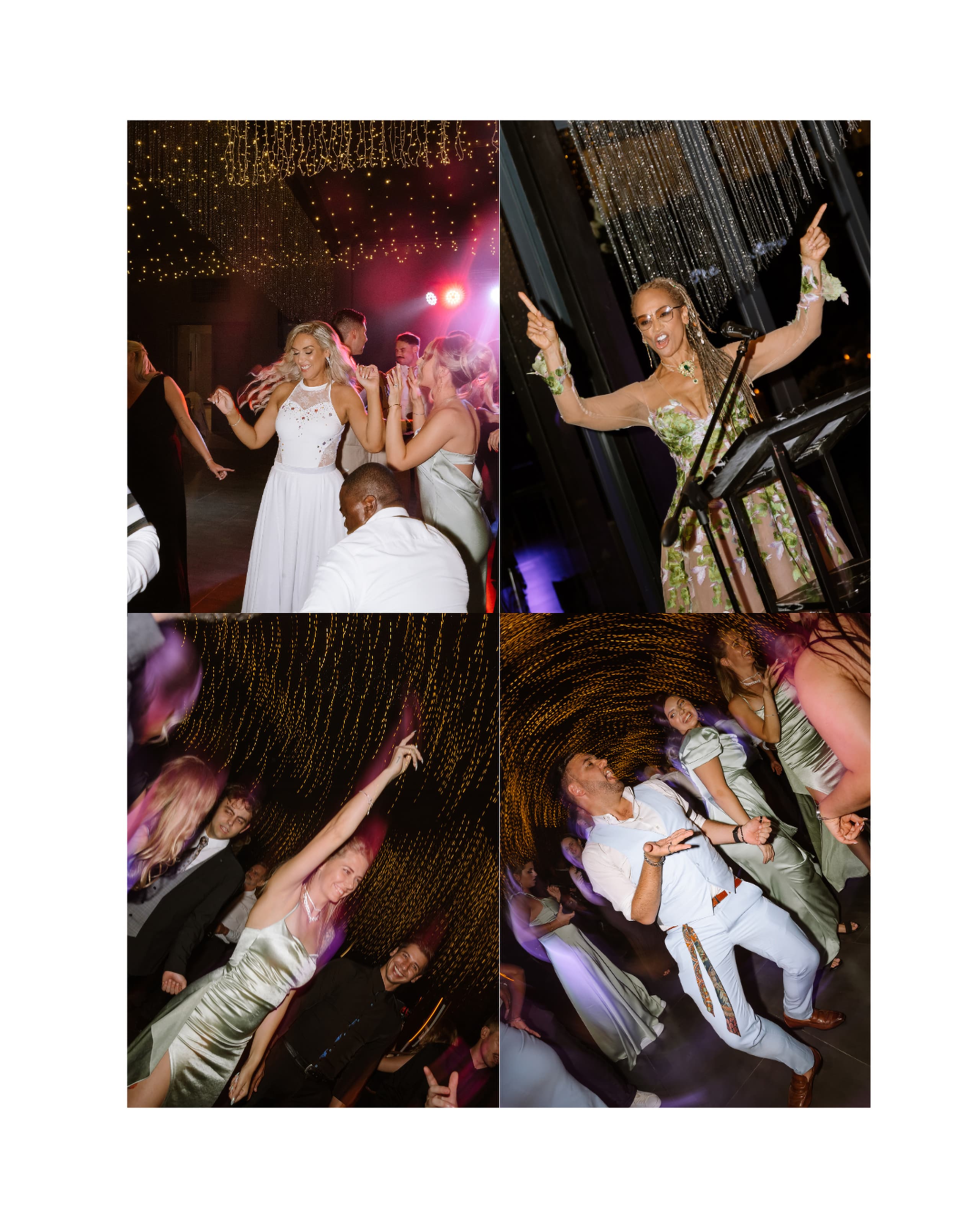 A luxury wedding reception featuring a bride dancing and a guest giving a speech