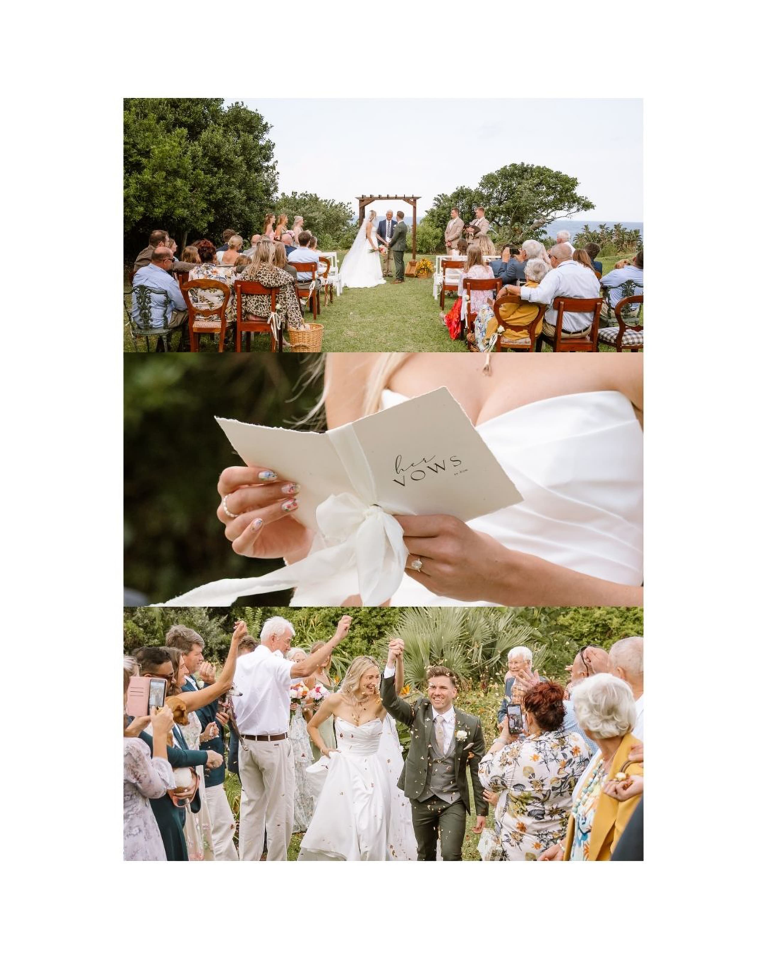 An outdoor wedding ceremony and celebration with guests, vows, and confetti