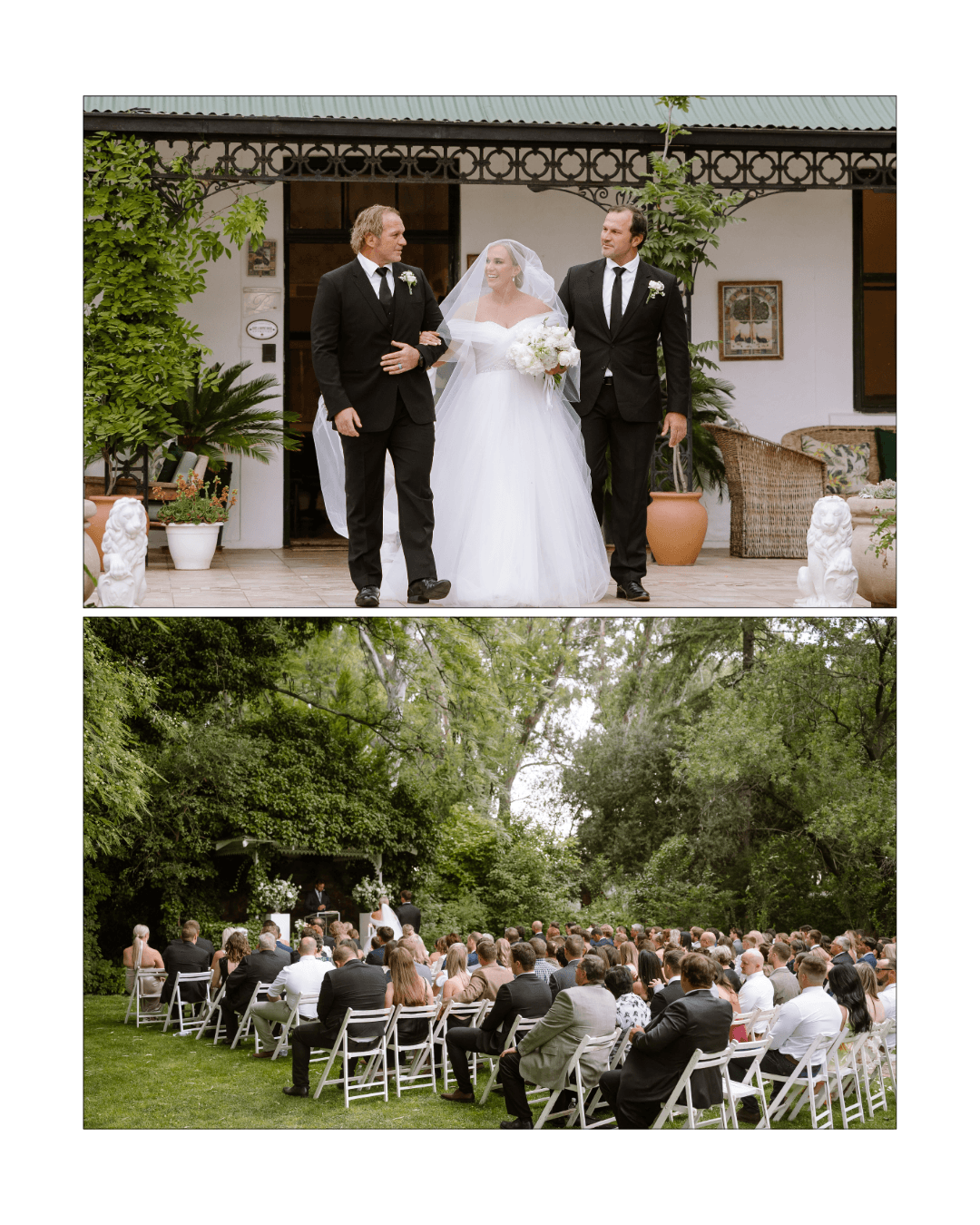 A bride walks down the aisle between two men towards an outdoor garden wedding ceremony