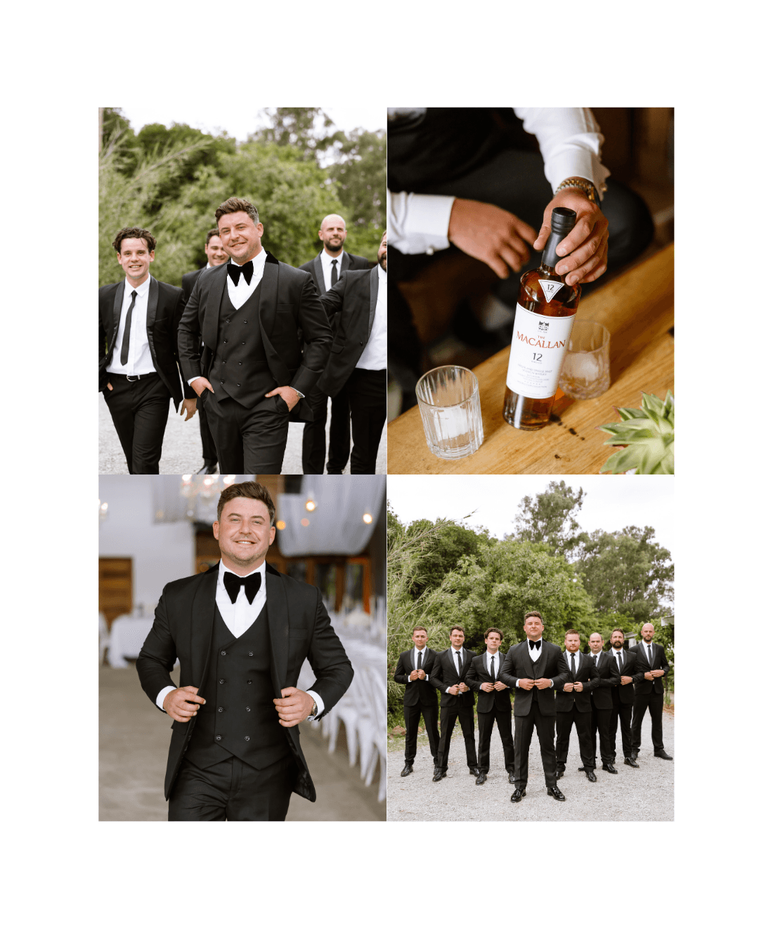 A groom and his groomsmen in black suits celebrating with a bottle of Macallan whisky