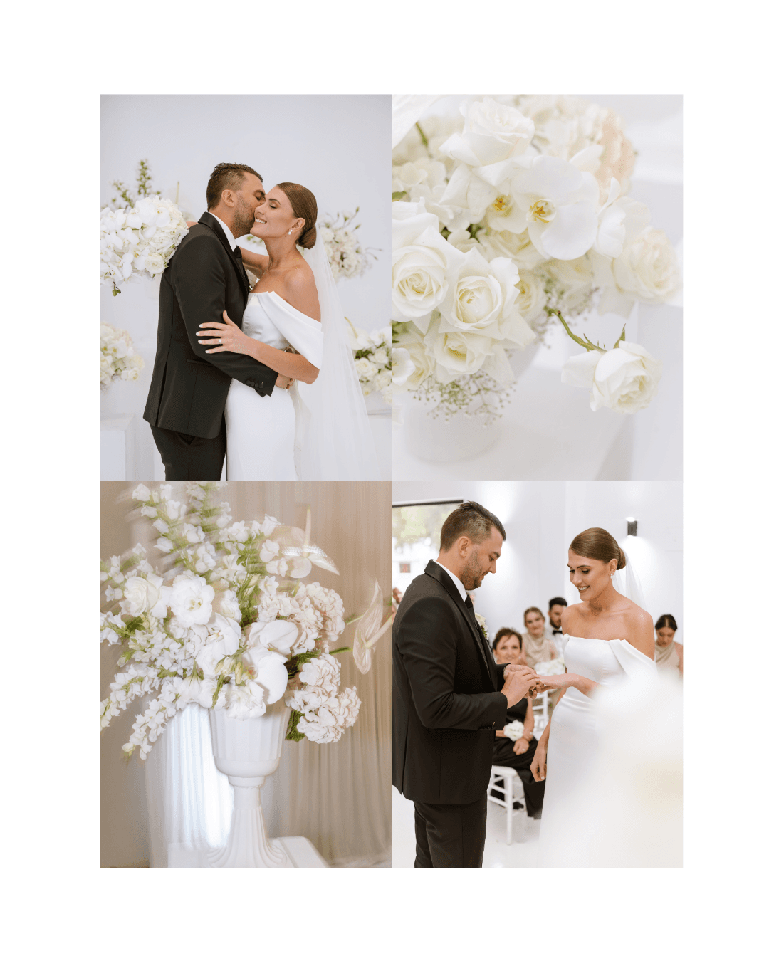 A bride and groom exchange rings and share a tender kiss during their elegant wedding ceremony