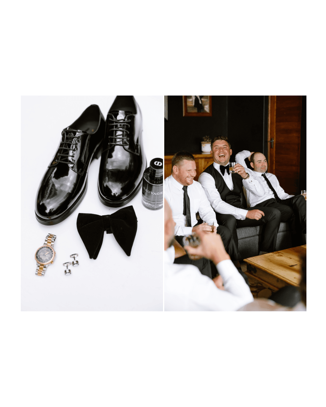 Groom accessories including polished black shoes, a velvet bow tie, and watch next to laughing groomsmen