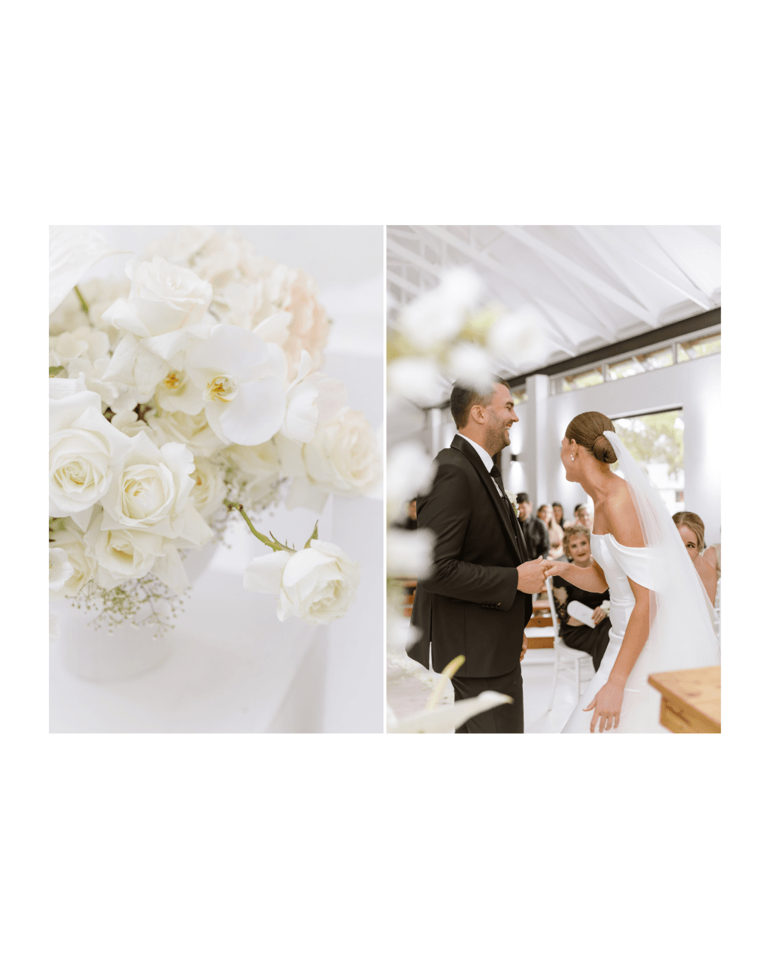 A bride and groom share a joyful moment during their bright indoor wedding ceremony