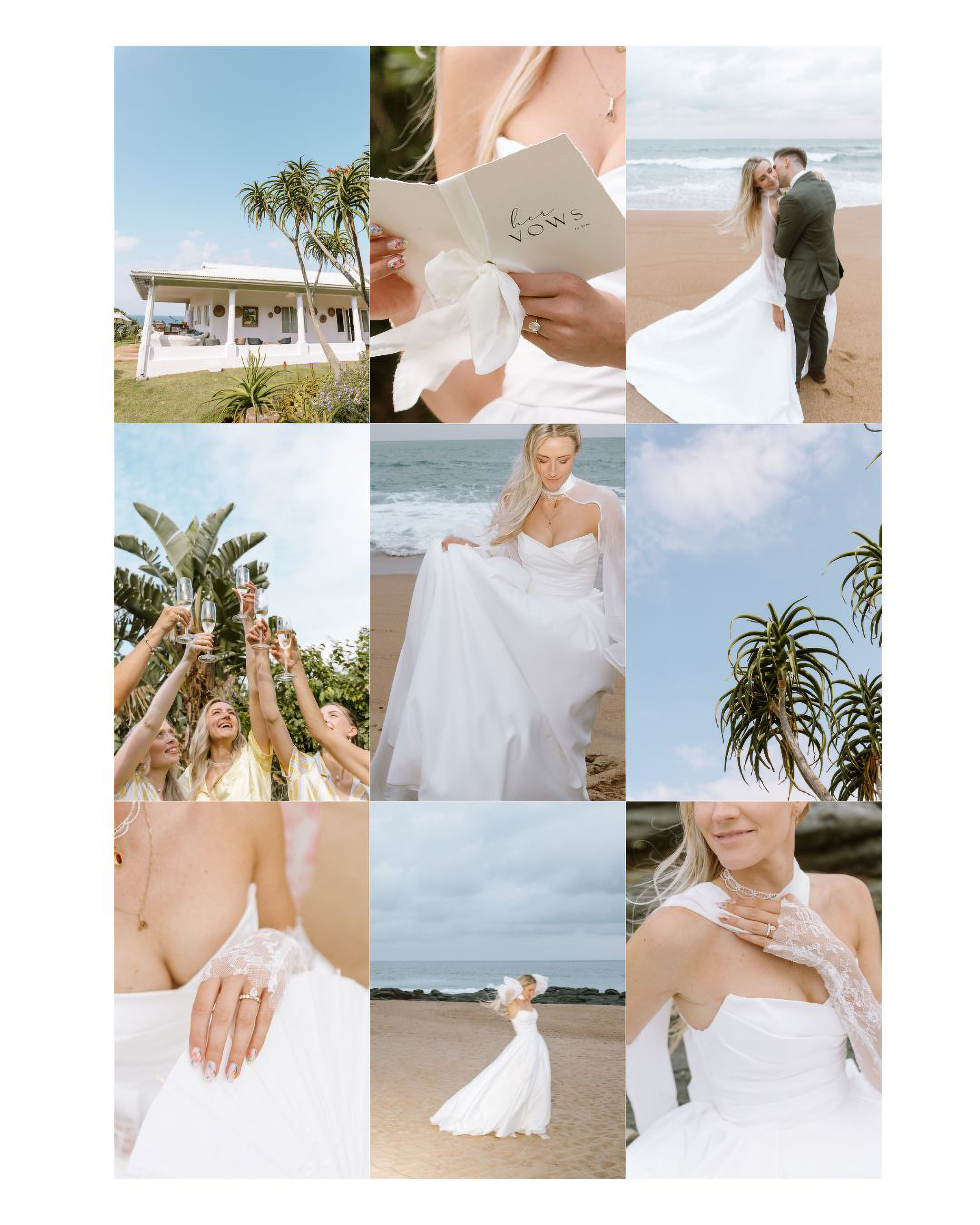 A bride and groom celebrate their coastal wedding on a South African beach with family