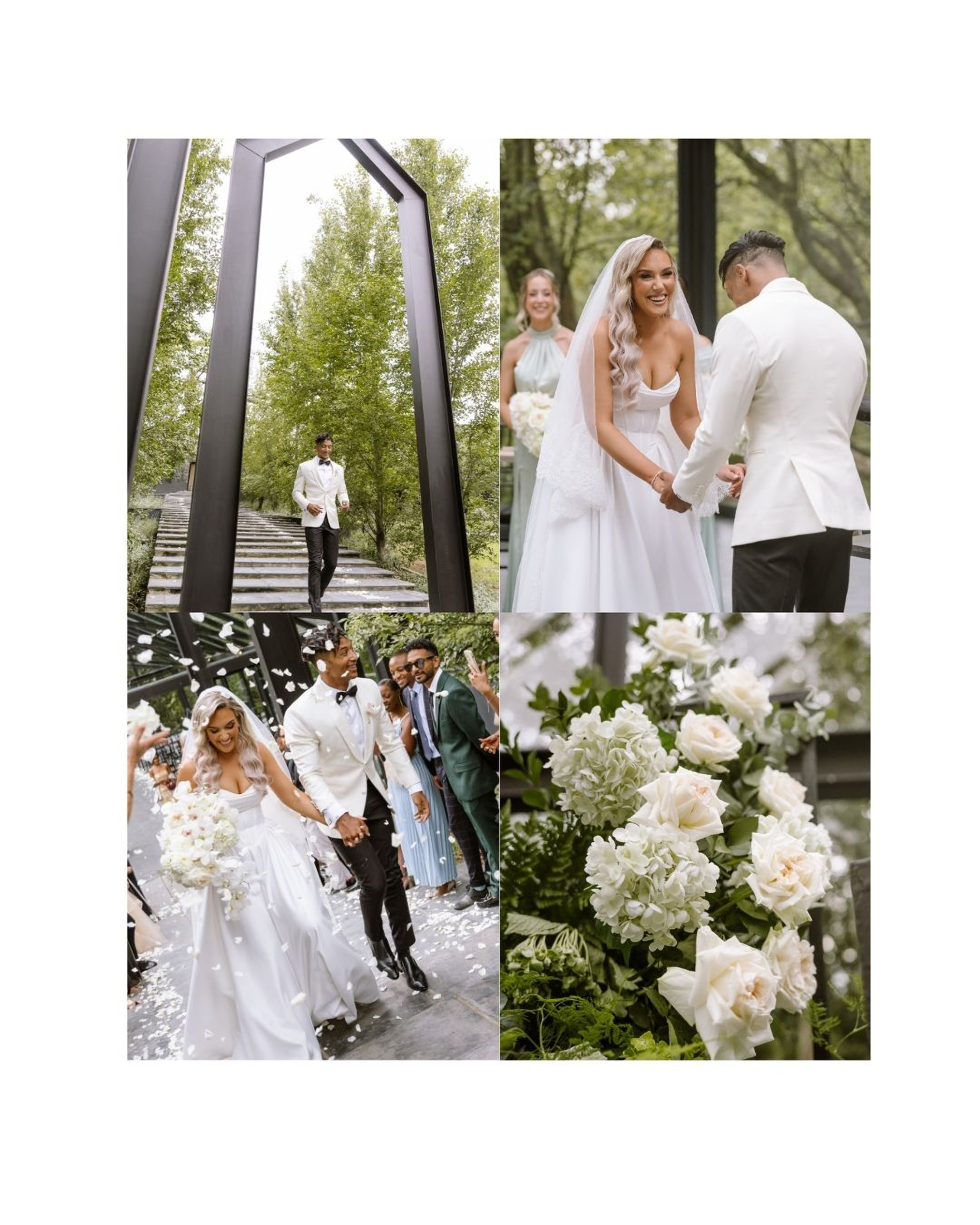 A bride and groom share joyful moments during their elegant outdoor wedding ceremony in nature