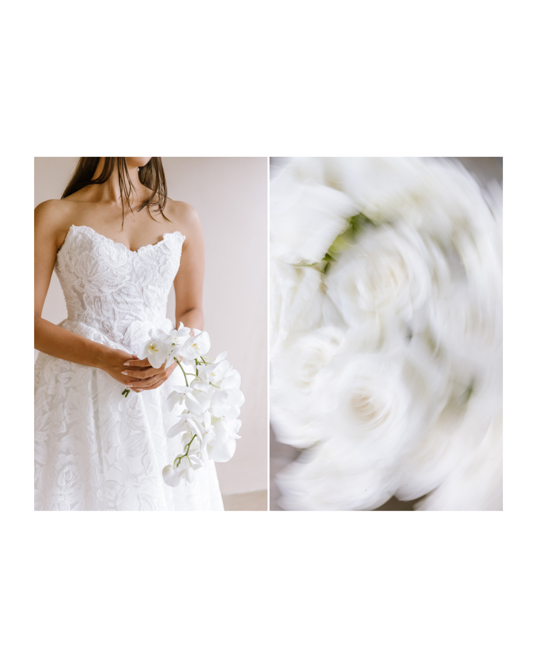 A bride in a textured white gown holds a cascading orchid bouquet beside blurred flowers