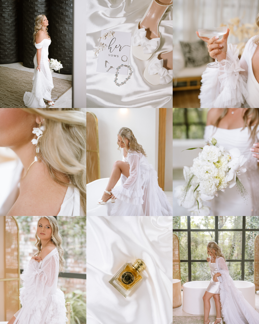 A luxury bridal collage featuring a bride in a white gown, elegant accessories, and florals