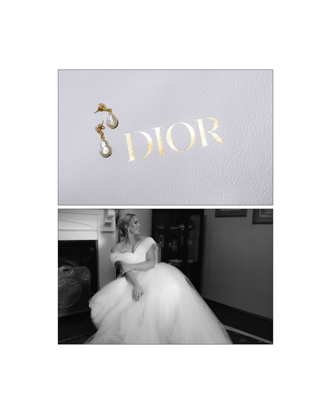 A pair of elegant Dior pearl earrings resting beside a bride in a tulle gown