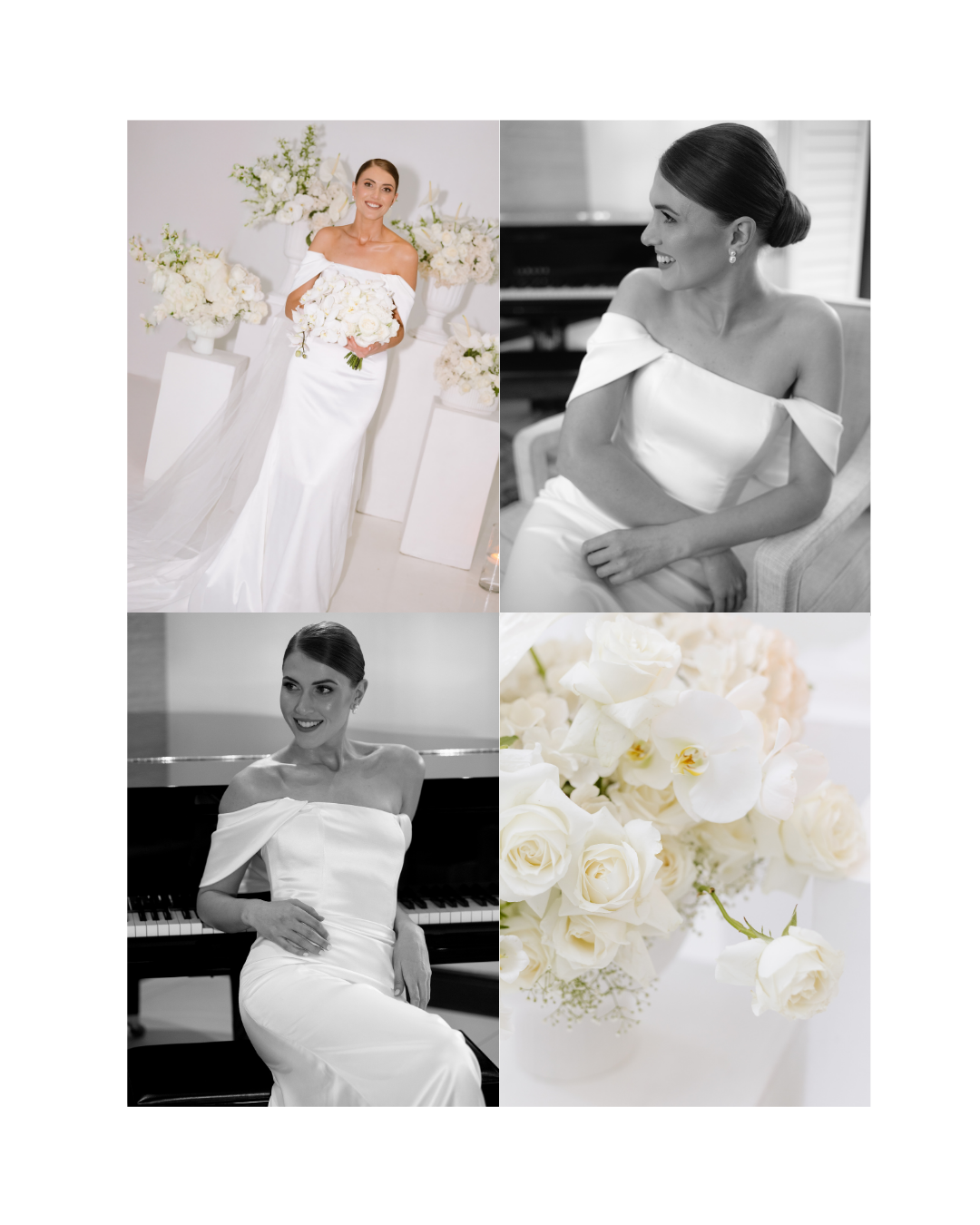 A bride in a sleek white off-the-shoulder gown poses with elegant floral arrangements and piano