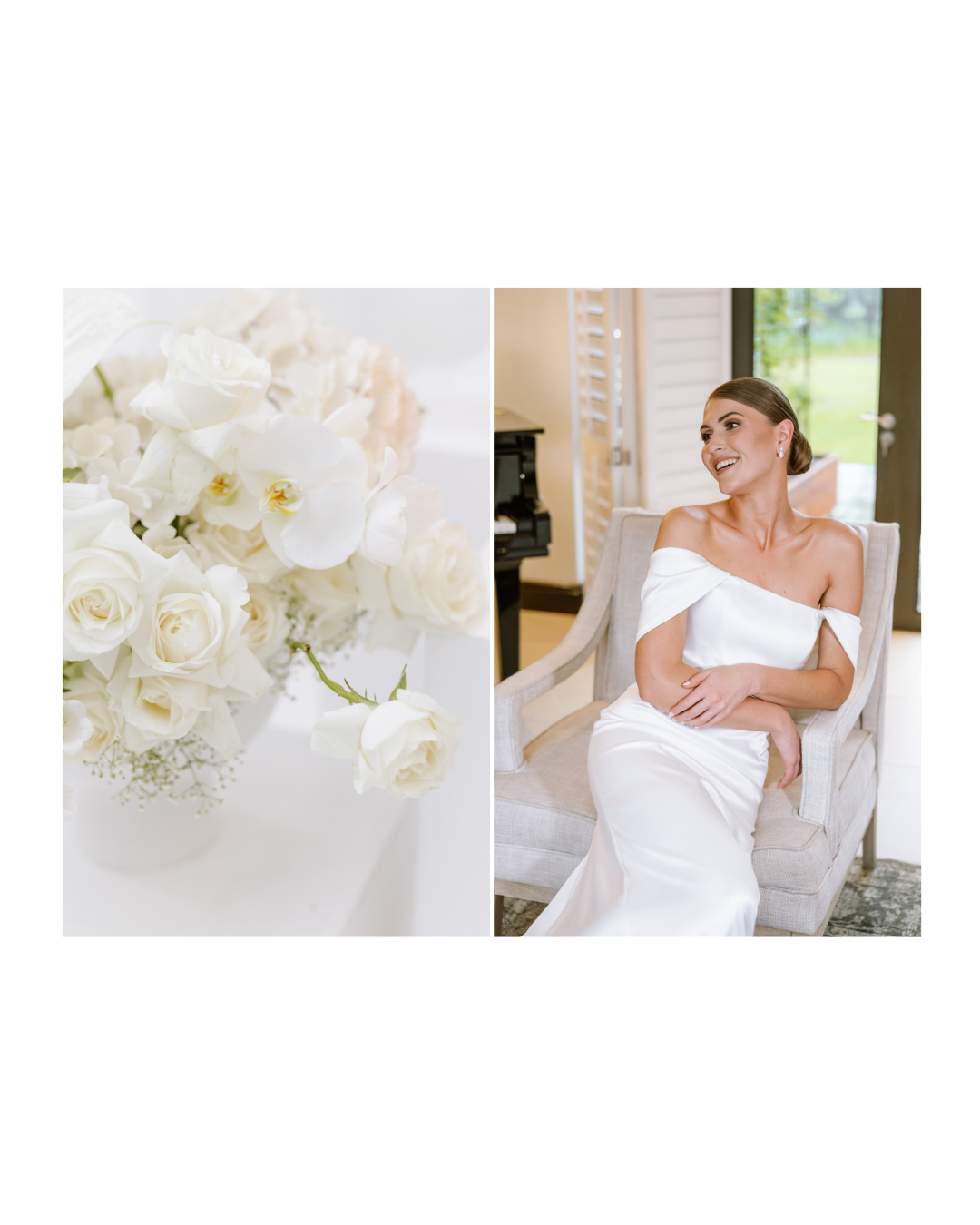 A smiling bride wearing a white off-the-shoulder gown sits elegantly in a plush armchair