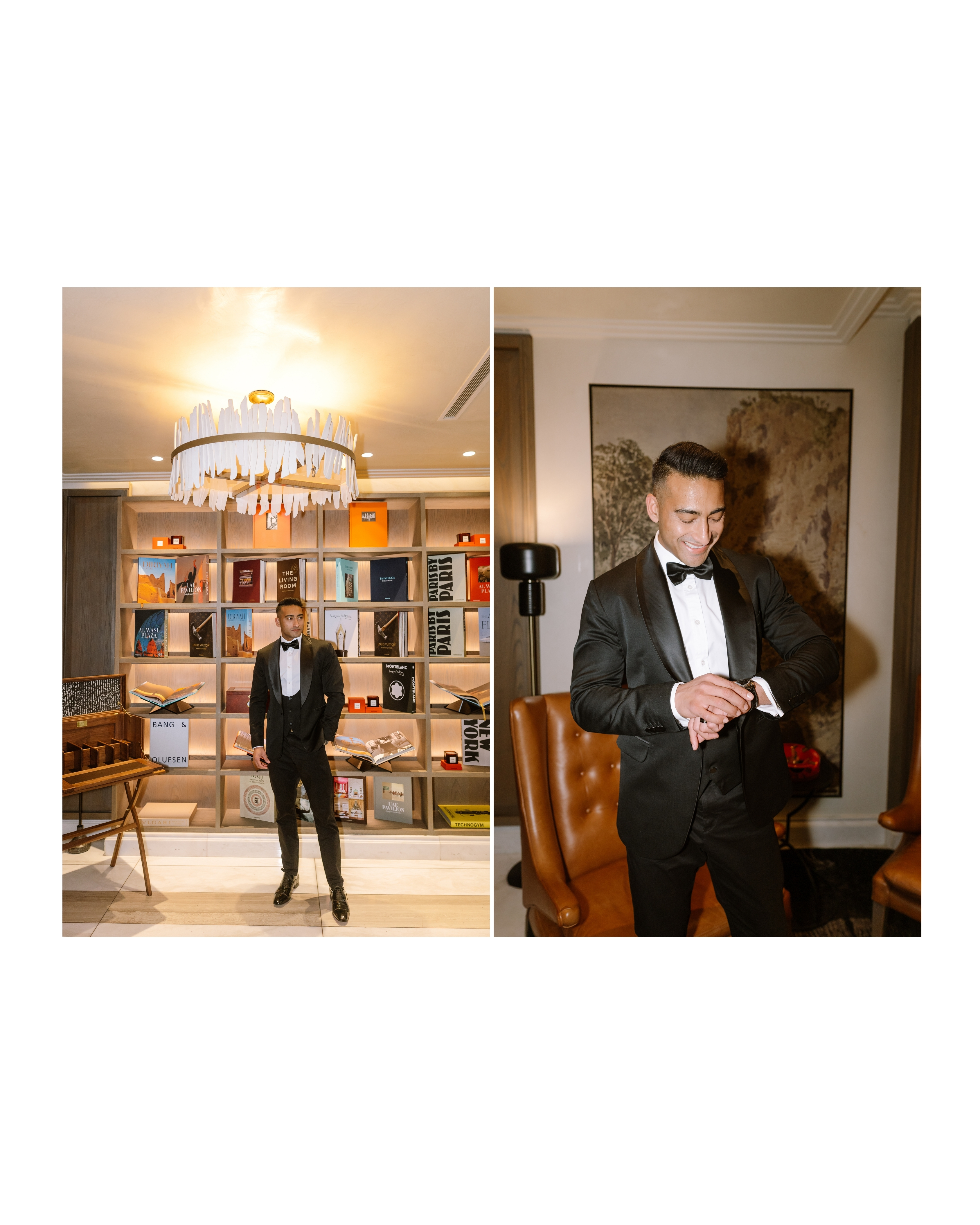 A dapper groom in a black tuxedo checks his watch inside a luxury library room