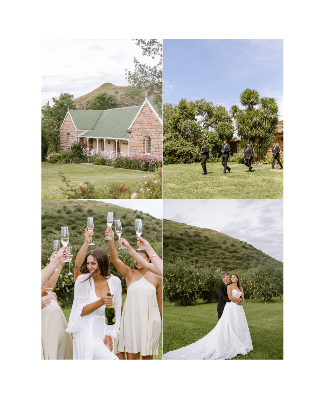 A wedding collage featuring a stone farmhouse, groomsmen walking, bridesmaids toasting, and a bride and groom