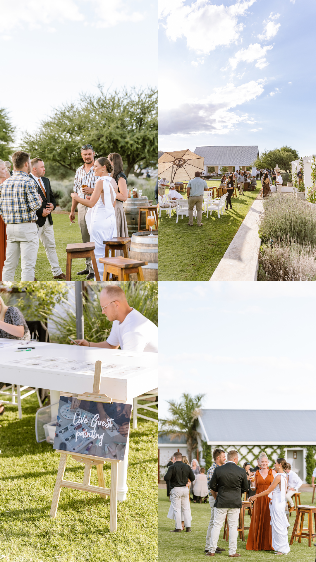 Wedding guests enjoy a sunny outdoor cocktail hour on a lush green lawn in South Africa