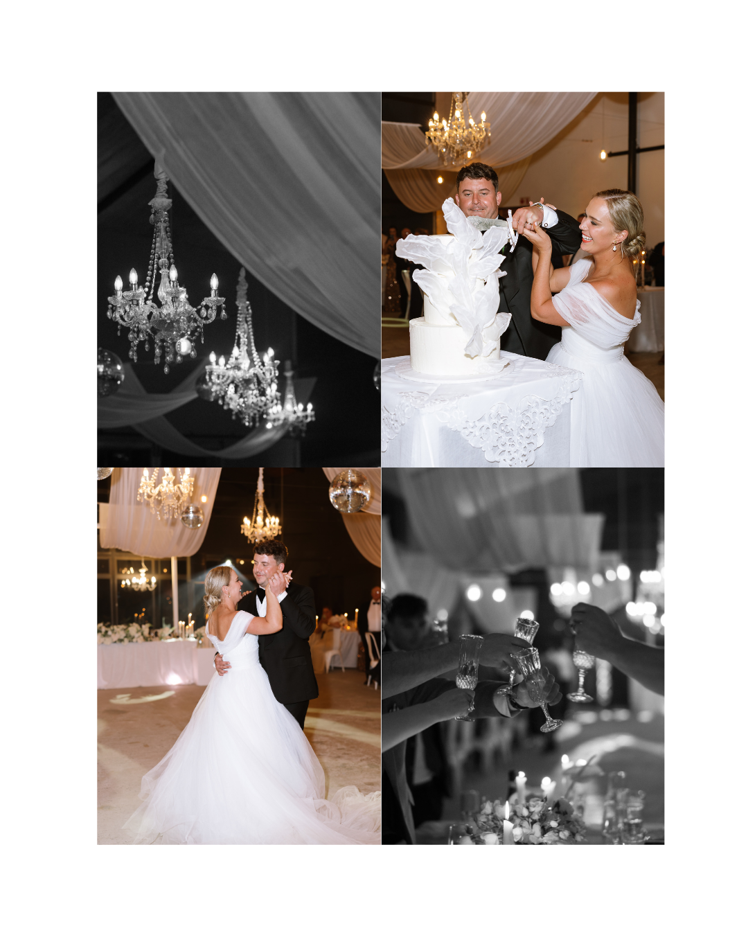 A wedding collage featuring a couple dancing, cutting their cake, and sharing a celebratory toast