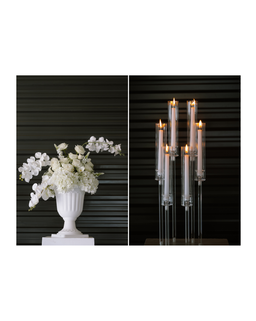 A white floral arrangement in a classic urn beside a modern glass candle centerpiece