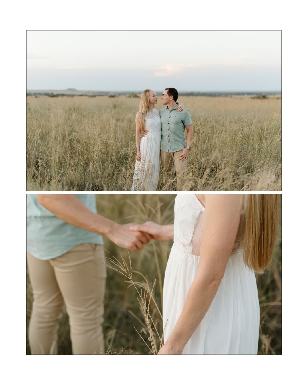 A couple in a grassy field holding hands during their golden hour engagement session