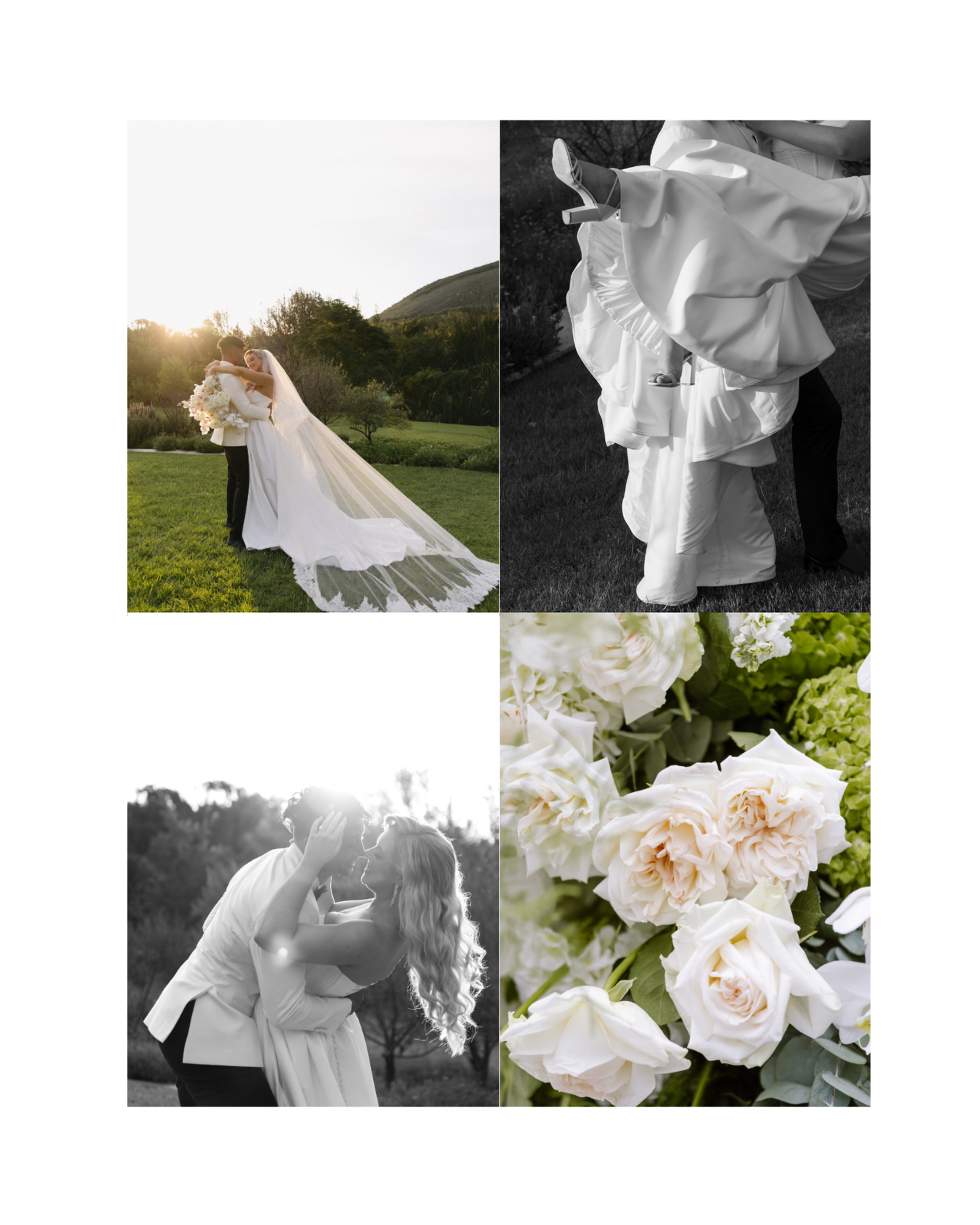 A luxury wedding collage featuring a bride and groom embracing in a sunlit garden