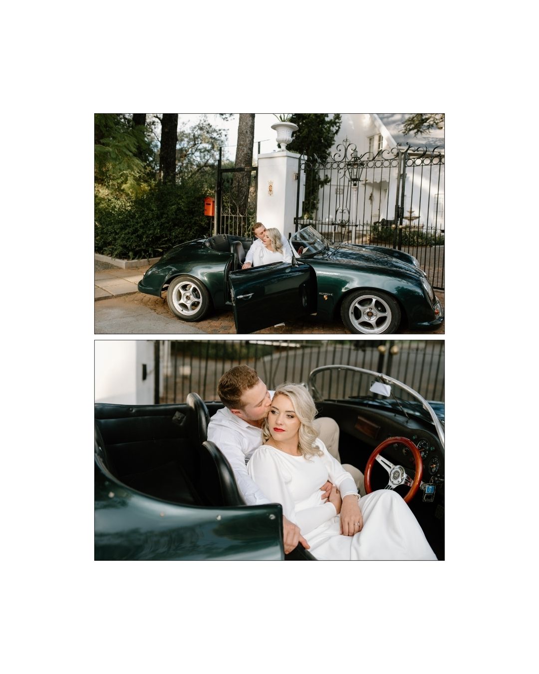 A newlywed couple embraces inside a vintage green Porsche convertible parked before an elegant gate