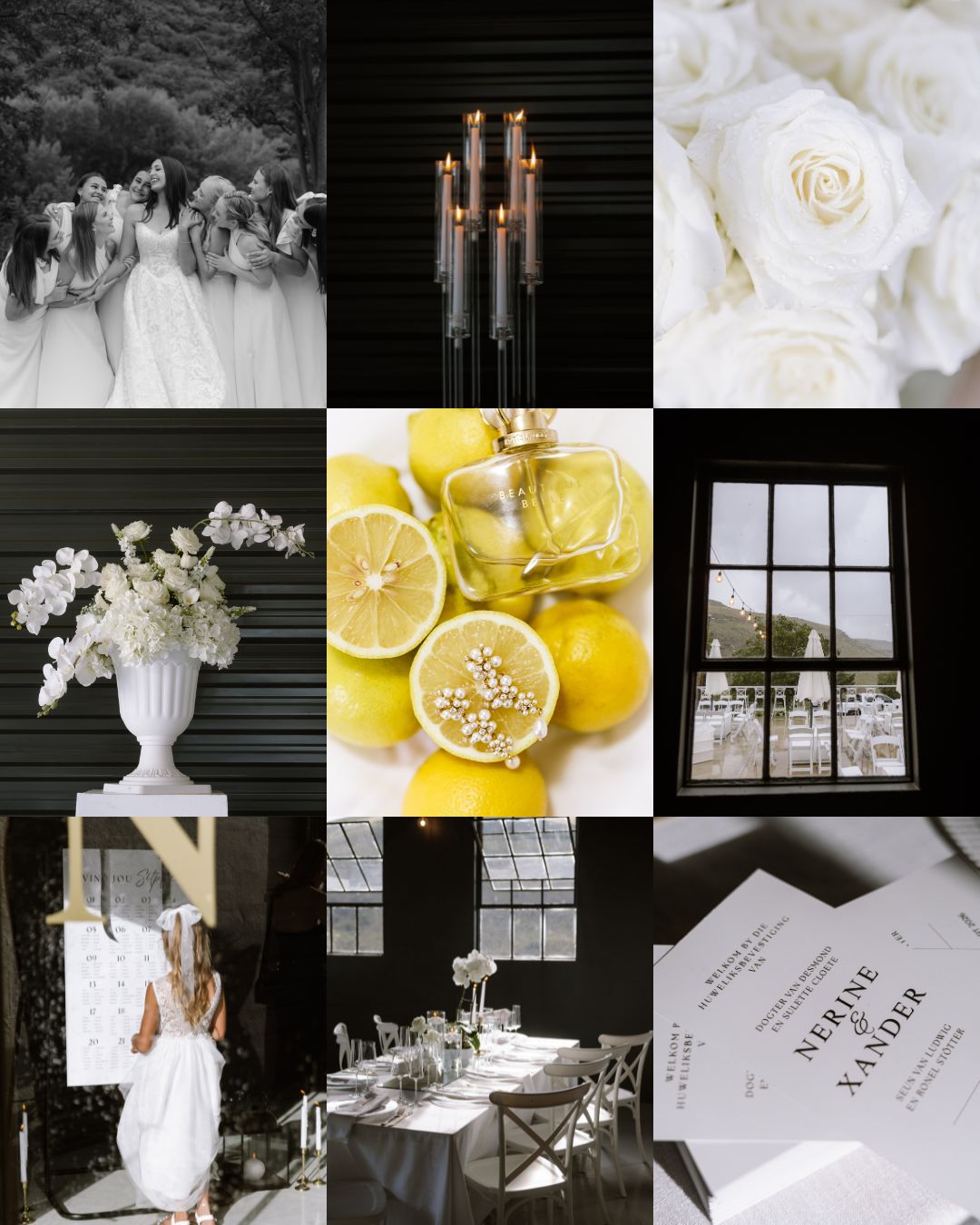 A wedding collage featuring white roses, lemons, elegant table settings, and a bride with bridesmaids