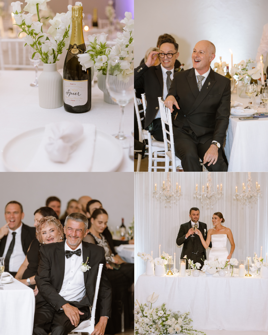 A wedding reception collage featuring table details, laughing guests, and the bride and groom toasting